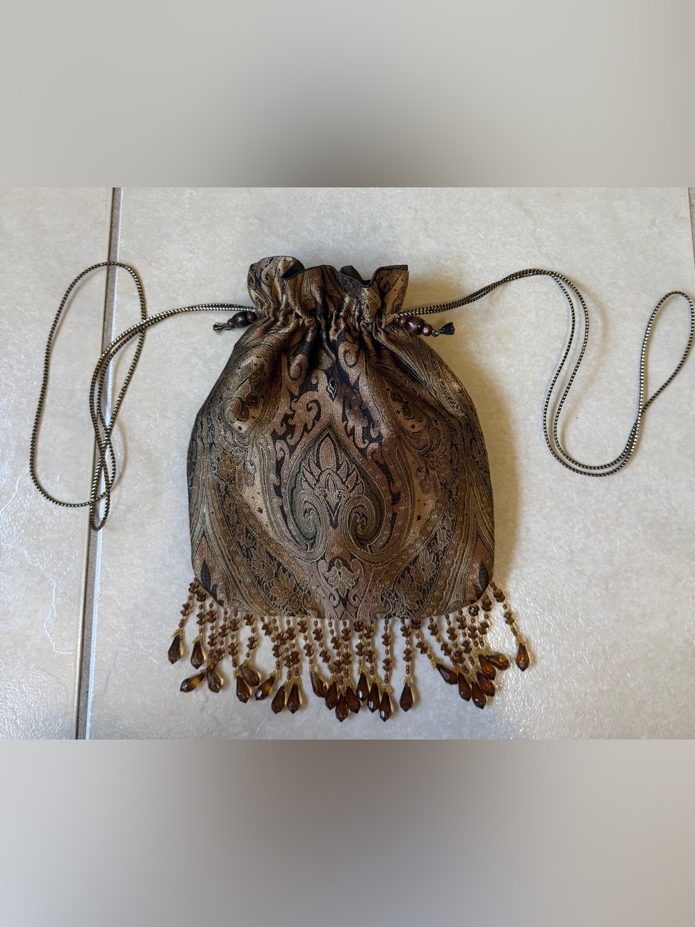 Vintage SUZANNE Brocade Pouch Evening Bag Paisley Gold Brown Beaded Fringe Purse